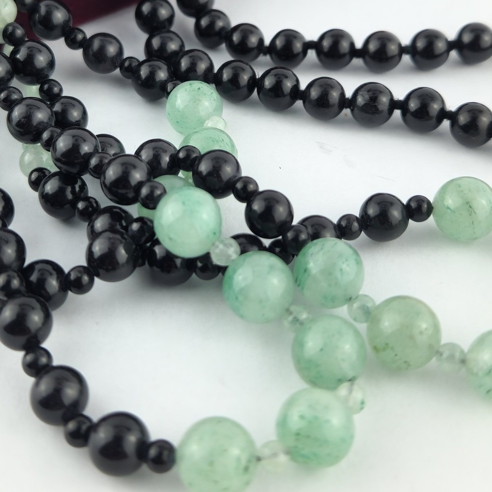 Vintage Multi Strand Black Green Bead Necklace Rhinestone Rondelle Spacer - Picture 5 of 11